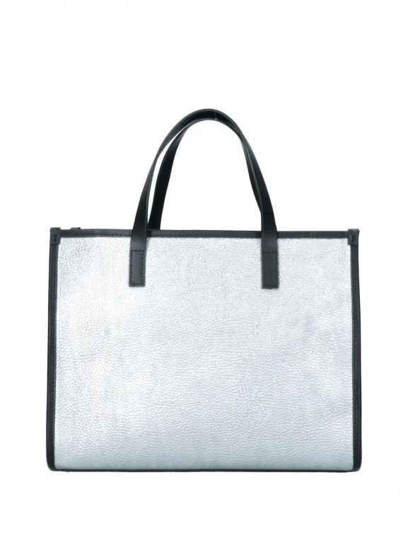 Astra handbag in laminated silver with shoulder strap