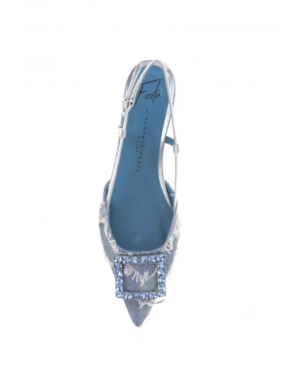 Chanel slingback in jeans denim con accessorio strass