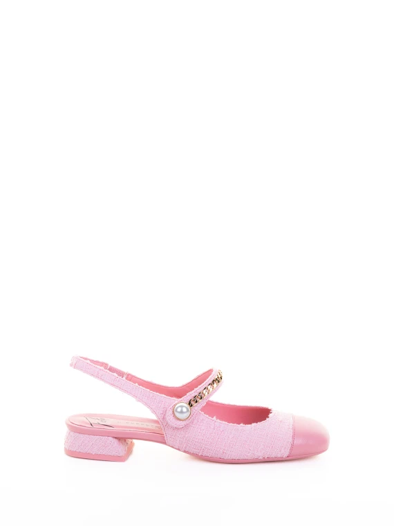 Décolleté slingback rosa in bouclè con cinturino