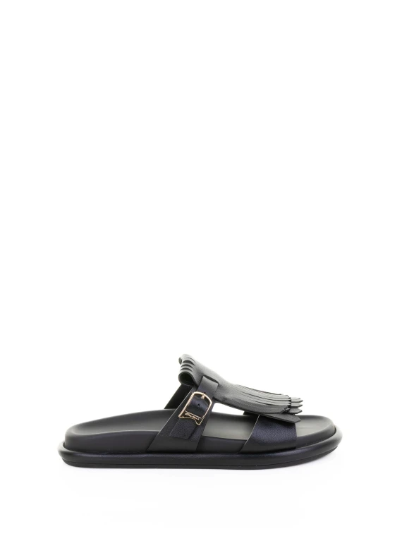 Black leather slipper with fringe