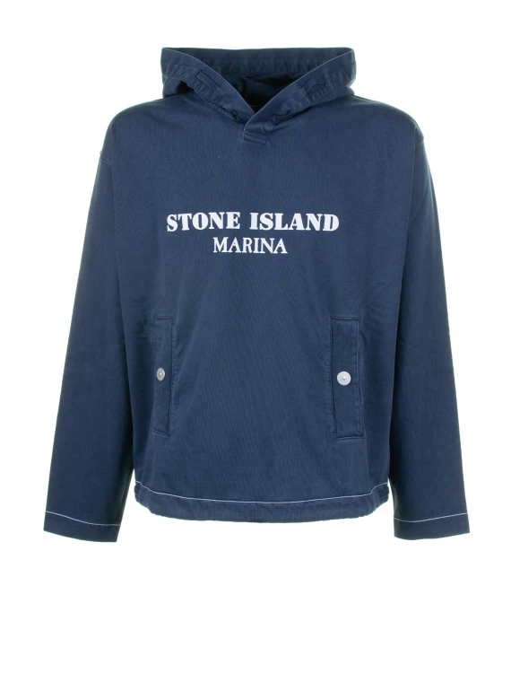 Blue sweatshirt with hood and logo writing