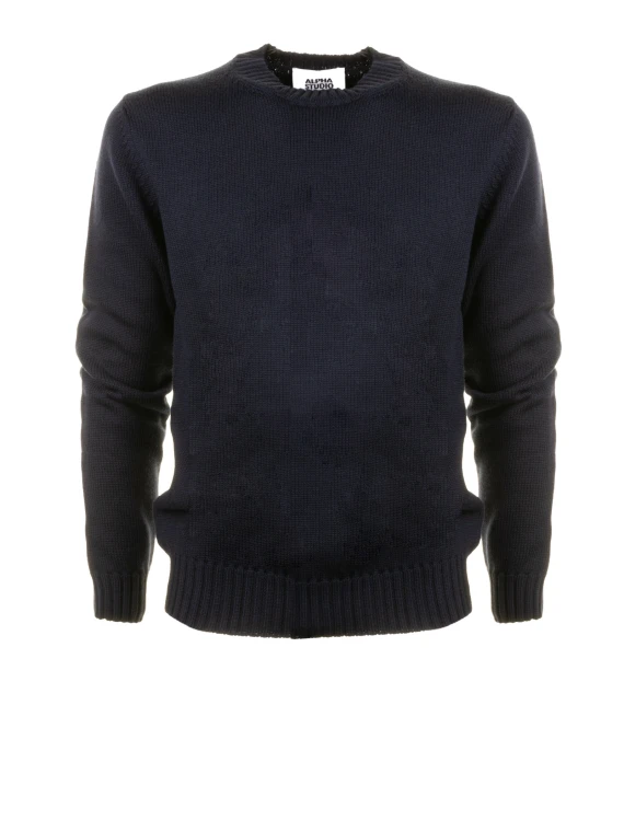 Maglia girocollo blu navy in lana merinos