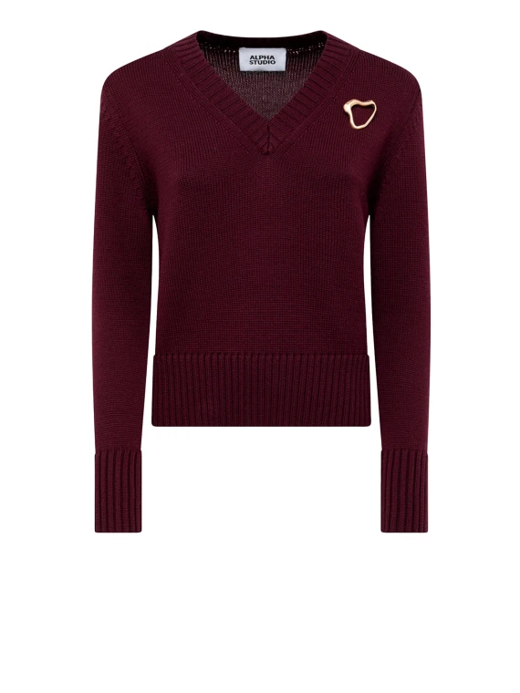 Maglia scollo a V in lana merino ciliegia