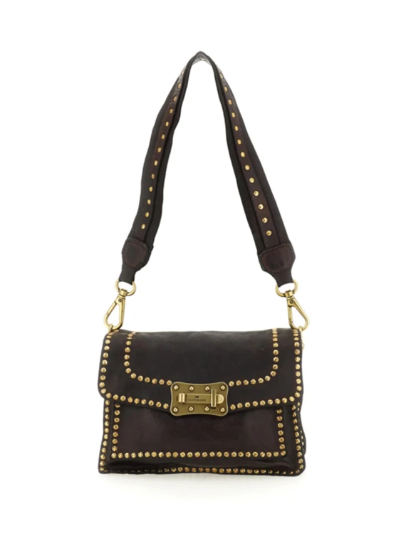 Borsa a tracolla in pelle di vacchetta tinta in capo nera con rivetti