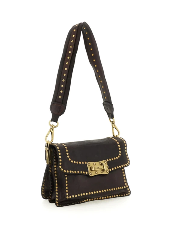Borsa a tracolla in pelle di vacchetta tinta in capo nera con rivetti