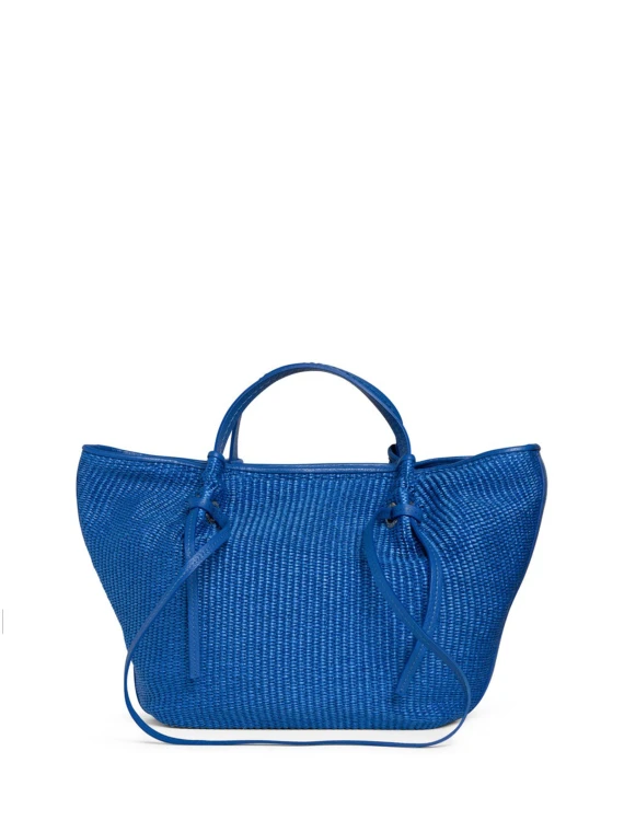 Shopping bag in pelle e paglia blu